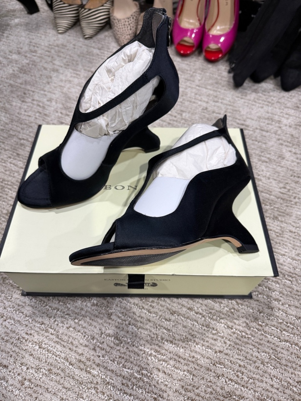 Leon Max Black Satin Sculpted Heel Open-Toe Sandals - Women